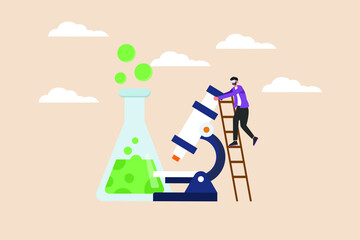 Young boy researchers with ladder using microscope and tube for his experiment. Scientific research concept. Flat vector illustration. 