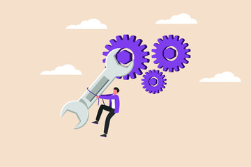 Businessman holding wrench to adjust gear cogwheels setting. Optimization business concept. Colored flat graphic vector illustration isolated.