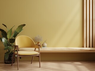 Home interior with yellow armchair and decor in yellow color living room.
