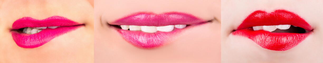 Woman's lip set. Girl mouth close up with red lipstick makeup expressing different emotions. Mouth...