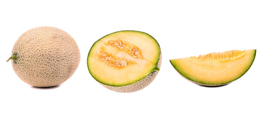 Set of yellow melon with greenish juicy pulp and slices. Honey melon with cut out piece, isolated on white background. - obrazy, fototapety, plakaty