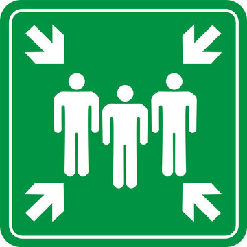 assembly point sign on white background. emergency evacuation assembly point sign. gathering point signboard. flat style.
