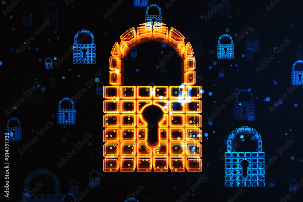 Poster Data protection and cyber security concept with digital glowing lock with keyhole sign on abstract dark technological background. 3D rendering