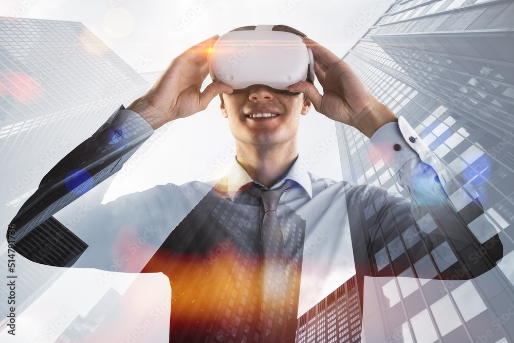 Poster metaverse and virtual reality network concept with handsome man using vr headset on city skyscrapers