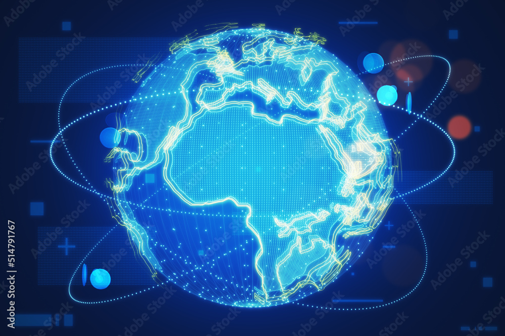 Poster hologram of globe. a holographic projection of planet earth. flickering energy particles on blurry c