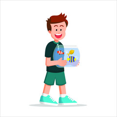 cute boy holding an aquarium containing his pet fish