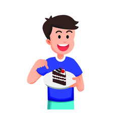 cute boy holding a black forest cake on a plate while pointing at it