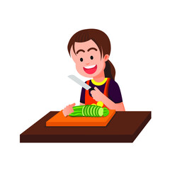 little girl in an apron cuts a cucumber on a cutting board