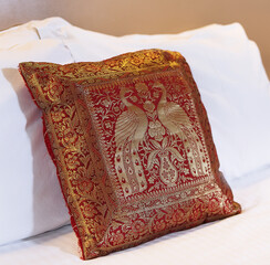 Turkish Ottoman Eastern Style Handmade Covered  Embroidery Cushions On White Bed
