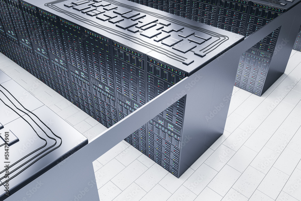 Aufkleber Abstract server room interior background with racks. Cloud computing and telecommunication concept. 3D Rendering.