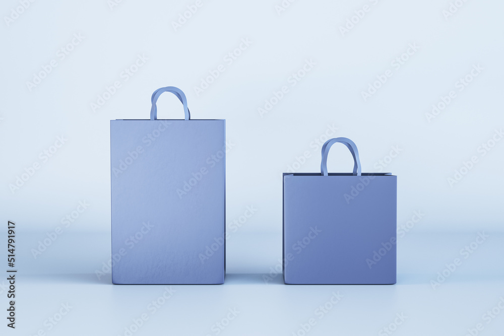 Poster two blank blue shopping bags on light background. purcashe and mock up place concept. 3d rendering.
