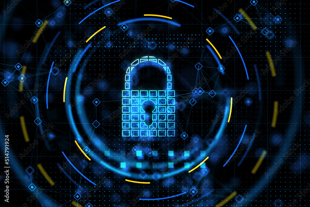 Poster Cyber security and data protection concept with digital graphic glowing blue lock symbol with keyhole surrounded in abstract blue and yellow circles. 3D rendering