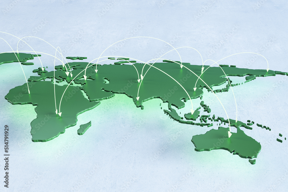 Poster creative green world map with arrows on light backdrop. geography and education concept. 3d renderin