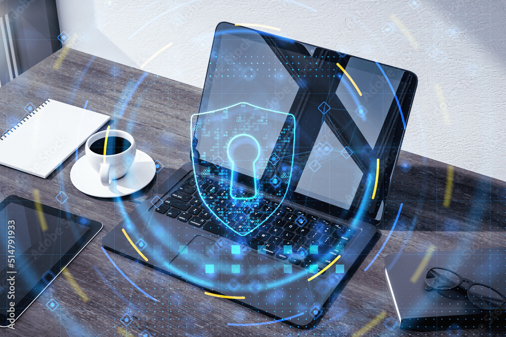 Poster data safety and cyber security concept with digital graphic glowing blue shield symbol with keyhole 
