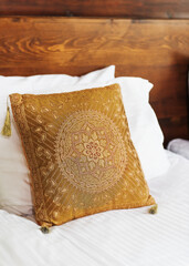 Turkish Ottoman Eastern Style Handmade Covered  Embroidery Cushions On White Bed
