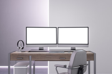 Front view on two blank white illuminated monitor screens with place for your logo or text on light wooden office table on light wall background. 3D rendering, mock up