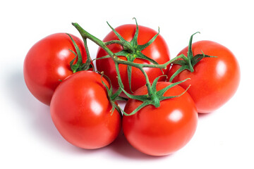A brush of large tomatoes on a white background. Studio photo, isolate, tomatoes, washed