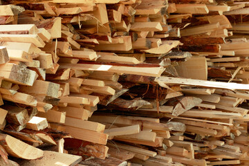 Waste from woodworking before recycling. Wood waste is used in the furniture industry, the construction industry or as fuel.