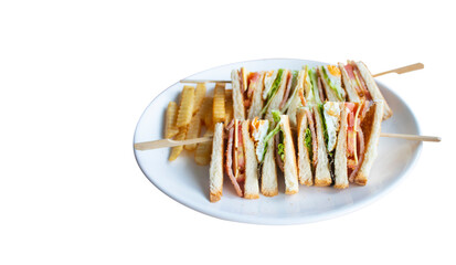 Isolated shot of a club sandwich and french fries - perfect for a food blog or menu usage