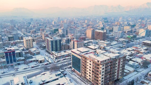 Beautiful view of Kabul city, Afghanistan, Snowing day winter season. 