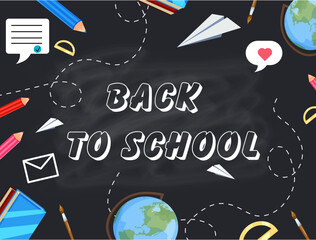 Fototapeta na wymiar Back to school. Blackboard in gray around school supplies. Vector Stock illustration. Cartoon