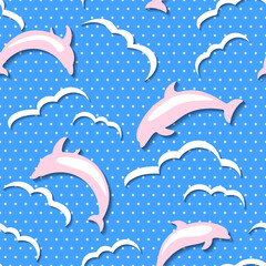Dolphins and waves. Seamless pattern in flat style with shadows. Fabulous fantasy with grid of dots. Pastel white-pink color. Design for wallpaper, fabrics, scrapbooking, wrapping paper, background