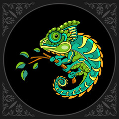 Colorful cute chameleon cartoon zentangle arts. isolated on black background.