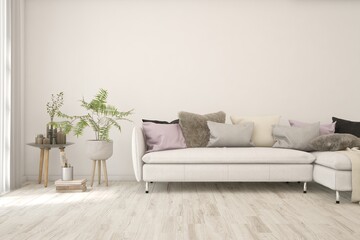 White living room with sofa. Scandinavian interior design. 3D illustration