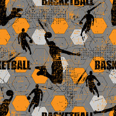 sports pattern. basketball players, geometric elements and grunge texture.