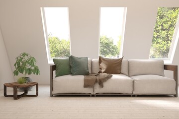 White living room with sofa and summer landscape in window. Scandinavian interior design. 3D illustration