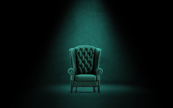 Boss Chair On Concrete Room with Spot Light. Businessman fancy Empty Armchair on Grungy Floor and Wall with Night Lighting. Business Concept 