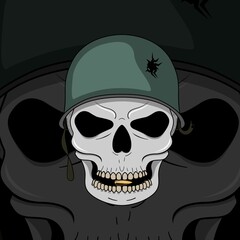 Human Head Skull with Helmet Soldier WW2 Illustration Tattoo Template. Sea Life Concept for T-shirts, Tattoos, Stickers, Gaming Logos or Posters.