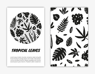 Card templates with doodle jungle leaves.