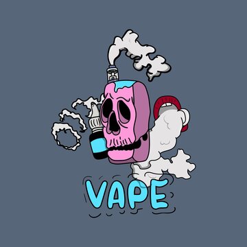 Skull Vape With Blue Liquit Illustration. Designs for T-shirts, Tattoos, Stickers, Gaming Logos or Posters