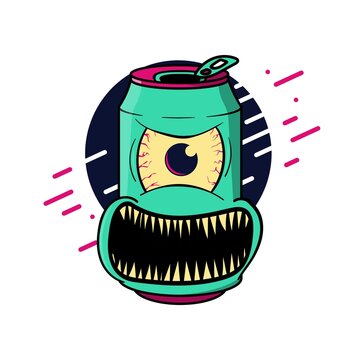 Monster Can With Creapy Face and Eye Illustration. Designs for T-shirts, Tattoos, Stickers, Gaming Logos or Posters