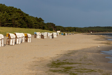 The view of the beach of Zempin on the island of Usedom with many beach chairs