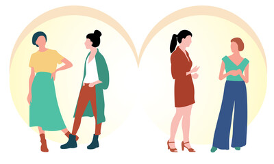Four young women or girls dressed in fashionable clothes stand together. A group of friends or feminist activists. Female characters isolated on a light gradient background. Flat color vector illustra