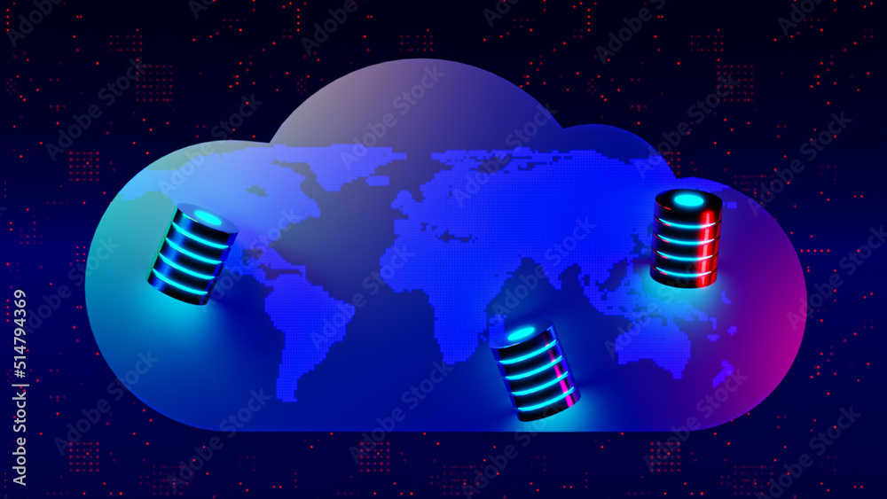 Poster multiple database is placed on cloud digital dotted world map. concept of a cloud database storage n