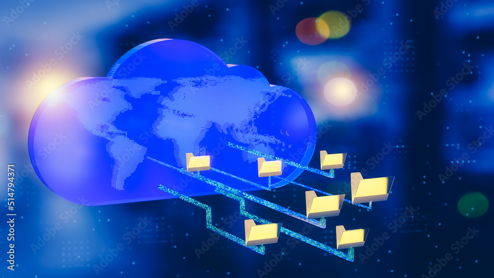 Poster cloud computing service, cloud data storage technology concept. file storage in cloud. 3d rendering.