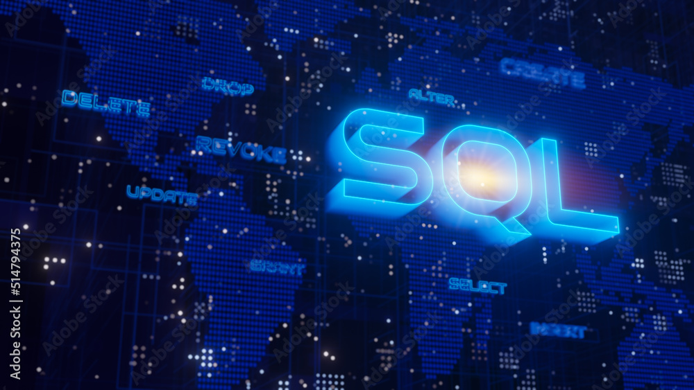 Aufkleber SQL statements (Structured Query Language) code on a blue dotted map background. 3D rendering.