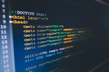 HTML code on computer monitor. Software / Web Developer Programming Code - obrazy, fototapety, plakaty