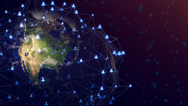 Connecting people network and global earth connection. Social media and Network community concept. Global business, internet technology, IoT. 3D Rendering.Elements of this image furnished by NASA.