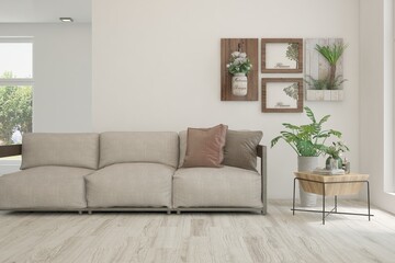Stylish room in white color with sofa. Scandinavian interior design. 3D illustration