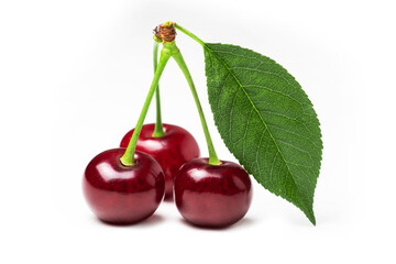 Cherry isolated. Sour cherry. Cherries with leaves on white background. Sour cherries on white