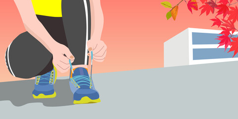 A runner crouching against the backdrop of the autumn leaves and tying the laces on his running shoes. vector illustration, banner template, copy space