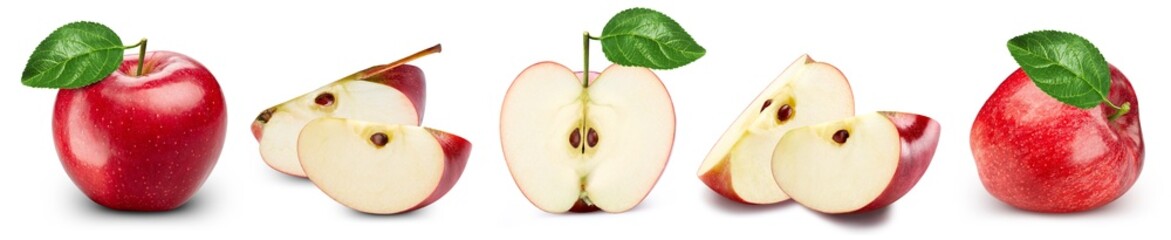 Collection red apple isolated on white background. Taste red apple with leaf. Full depth of field with clipping path