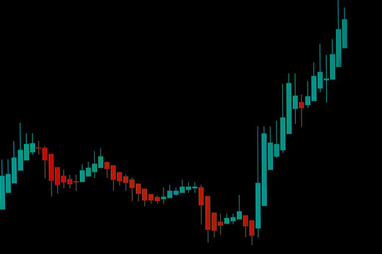 Stock Chart Of A Growing Market On A Black Background. Background Graph Of Financial Data To Overlay On The Screen. Financial Growth Chart. Red And Green Japanese Stock Candlesticks On Black