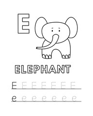Alphabet with cute cartoon animals isolated on white background. Coloring pages for children education. Vector illustration of elephant and tracing practice worksheet letter E