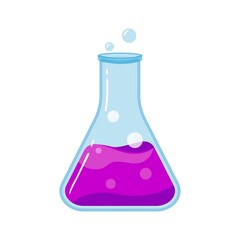 Laboratory glass flask with chemical purple liquid, scientific object vector icon illustration isolated
