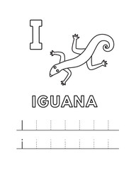 Alphabet with cute cartoon animals isolated on white background. Coloring pages for children education. Vector illustration of iguana and tracing practice worksheet letter I